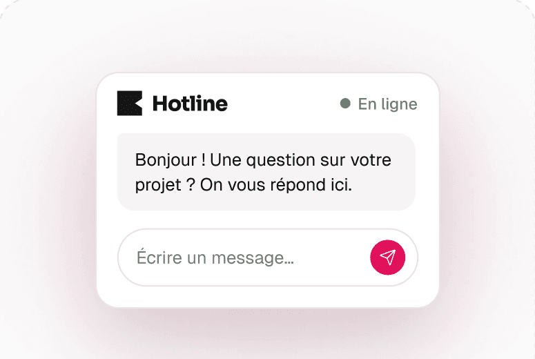 Aperçu du widget de chat Hotline avec un message de bienvenue et un champ de saisie